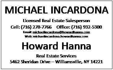 Text Box: MICHAEL INCARDONA
Licensed Real Estate Salesperson
Cell: (716) 270-7766    Office: (716) 932-5300
Email: michaelincardona@howardhanna.com
Web: michaelincardona.howardhanna.com
Howard Hanna
Real Estate Services 
5462 Sheridan Drive  Williamsville, NY 14221

