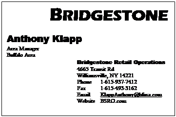 Text Box:          BRIDGESTONE
Anthony Klapp
Area Manager
Buffalo Area
			Bridgestone Retail Operations			4665 Transit Rd
			Williamsville, NY 14221
			Phone	1-615-937-7412
			Fax 	1-615-493-3162				Email	KlappAnthony@bfusa.com
			Website	BSRO.com
